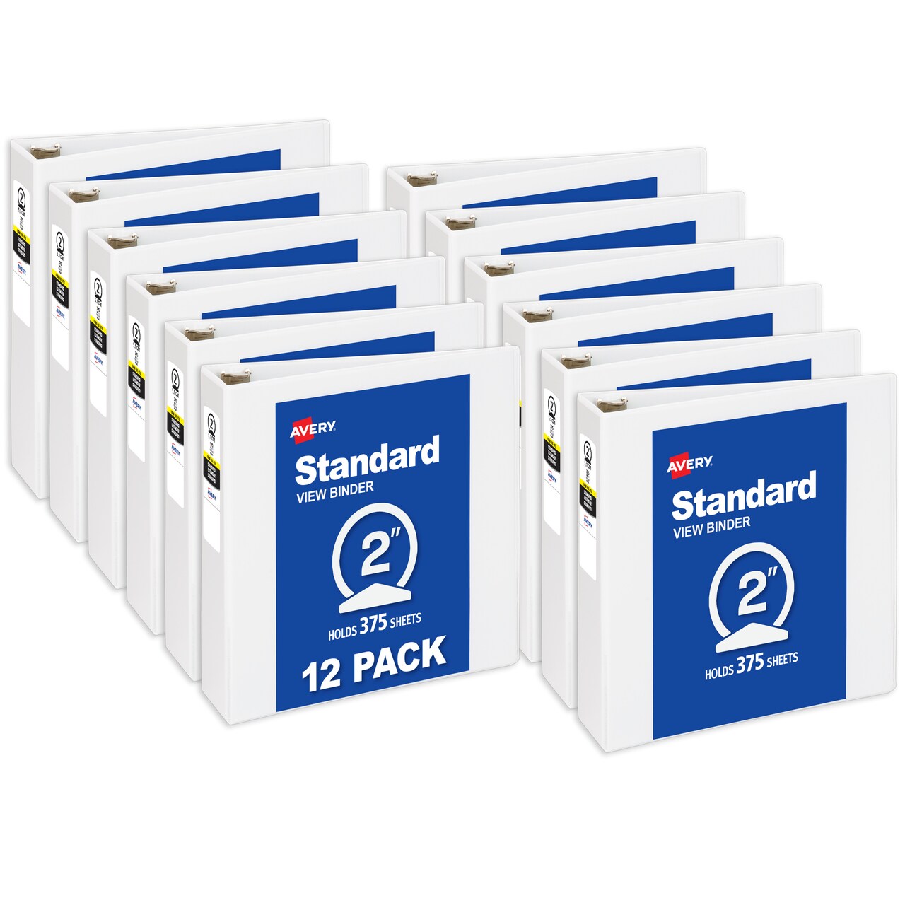 Avery® Standard View 3 Ring Binder, 2" Round Rings, 375-Sheet Capacity, 2.8 Inch Wide Spine, 1 White Binder, Ideal for Lightweight Organization and Occasional Referencing (05731) - 12 Pack